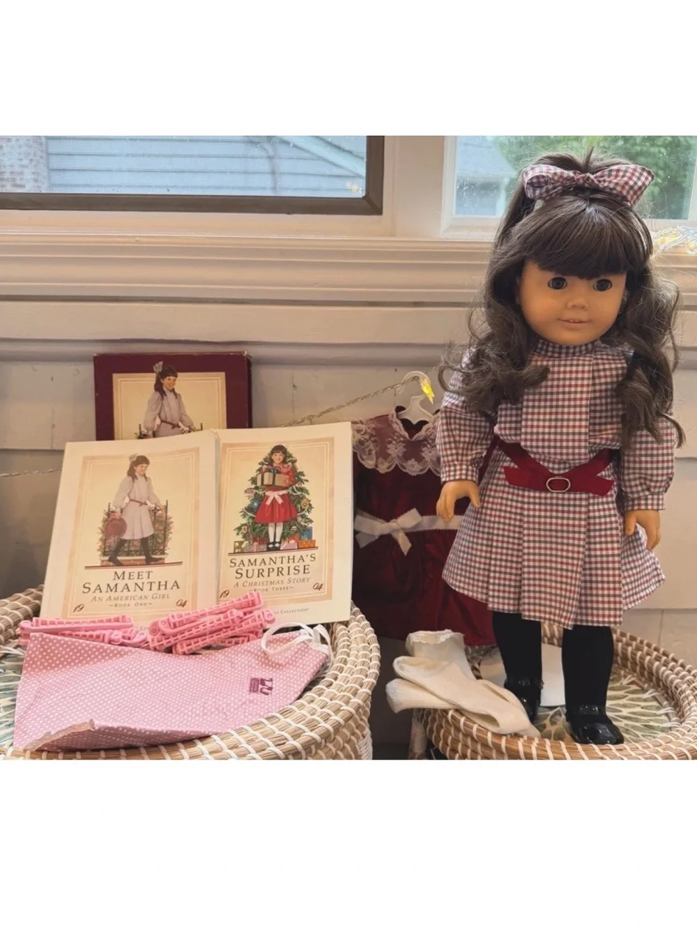 American Girl Samantha Doll & Outfit Bundle - 2 Dresses, Shoes, Books, Tights